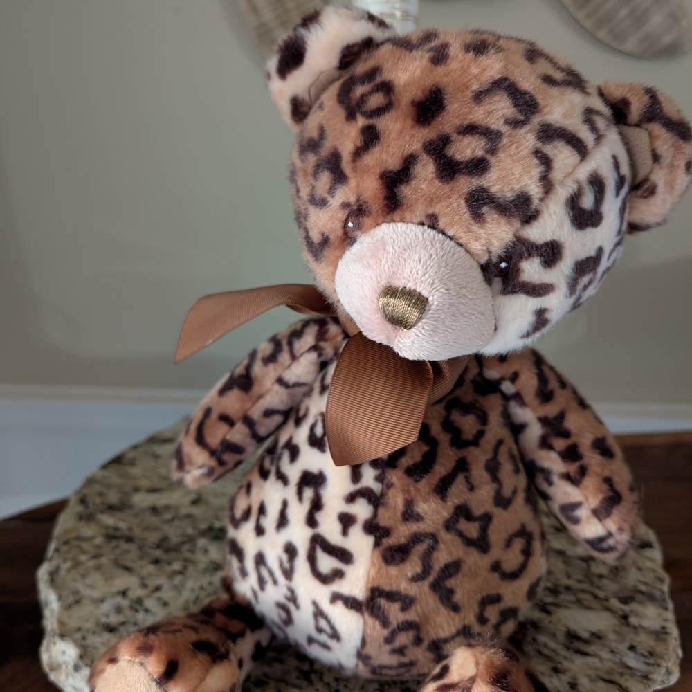 Vintage Gund Leopard Print Plush Bear with Brown Ribbon